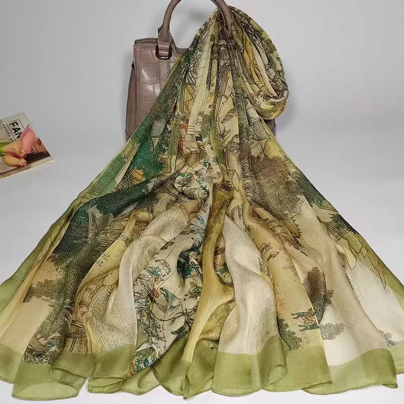 达芬奇密码【清明上河图】190*110cm100%桑蚕丝斜纹雪纺高雅长巾