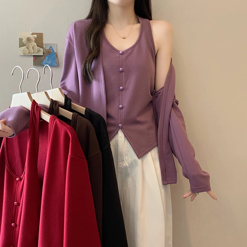 时尚纯欲风挂脖v领背心吊带开衫外套套装2025秋装新款胖mm大码女
