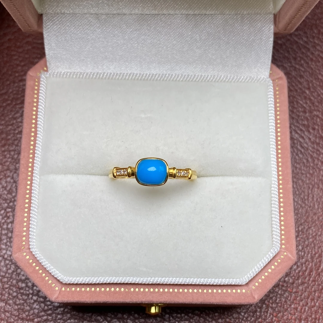 云盖寺暴丽蓝绿松石戒指14圈口18k金简约气质时尚