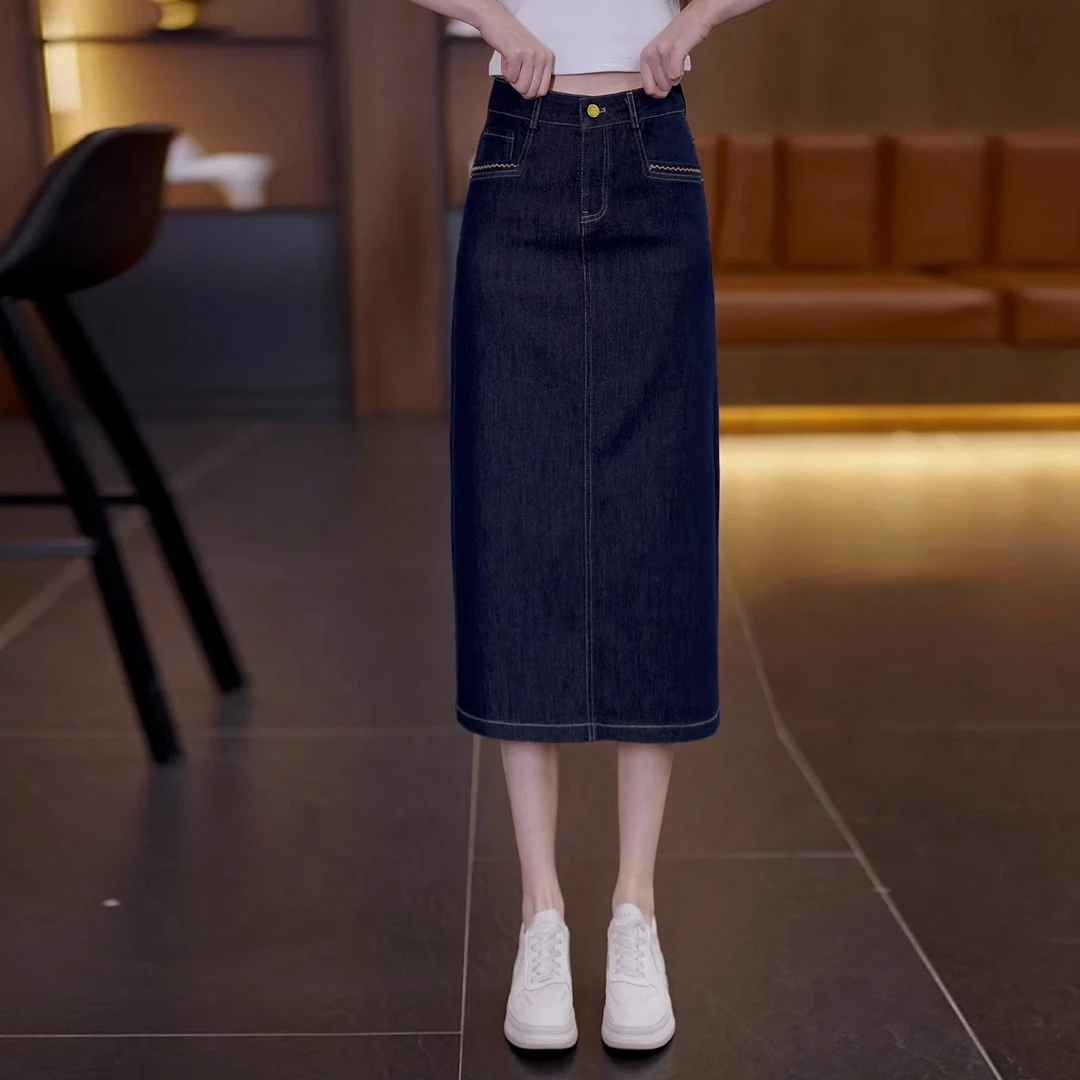 深蓝色天丝牛仔半身裙女夏季2025新款高腰中长款后开叉一步包臀裙