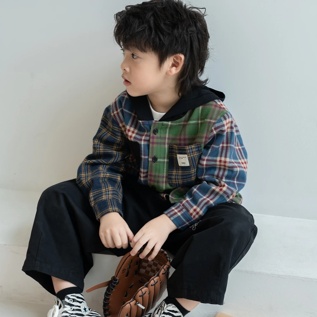 25秋季新品日系男童拼色格子连帽衬衫/黑色涂鸦长裤套装