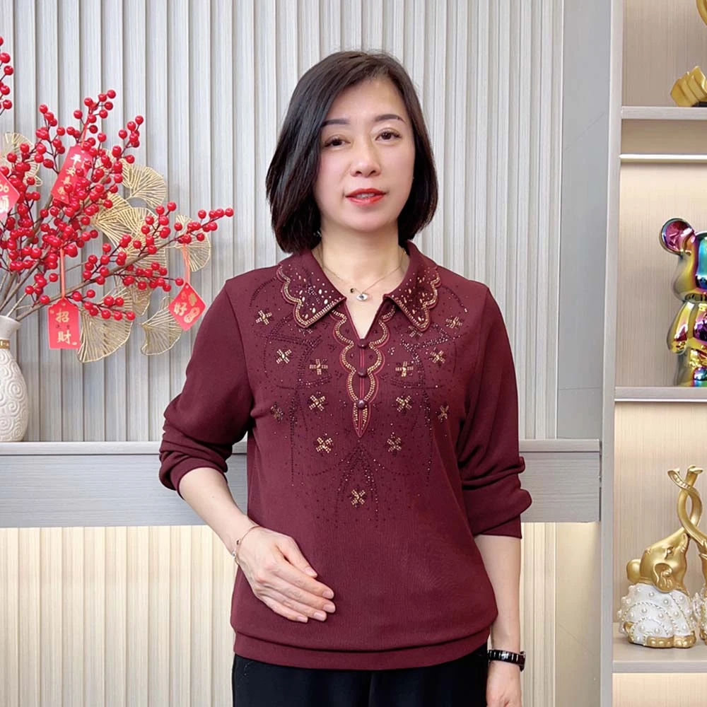 2025春季新款洋气中老年妈妈装宽松显瘦气质减龄烫钻翻领长袖上衣