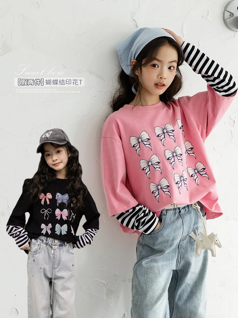 女童春季2025新款儿童蝴蝶结印花条纹拼接假两件长袖T恤C51G2016