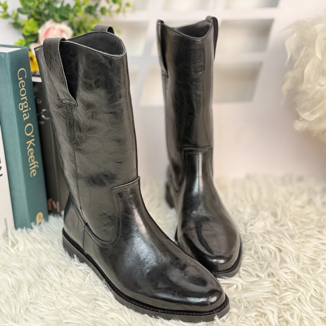 蒙M时尚潮流简约头层牛皮女款中筒骑士靴增高显瘦显腿直真皮