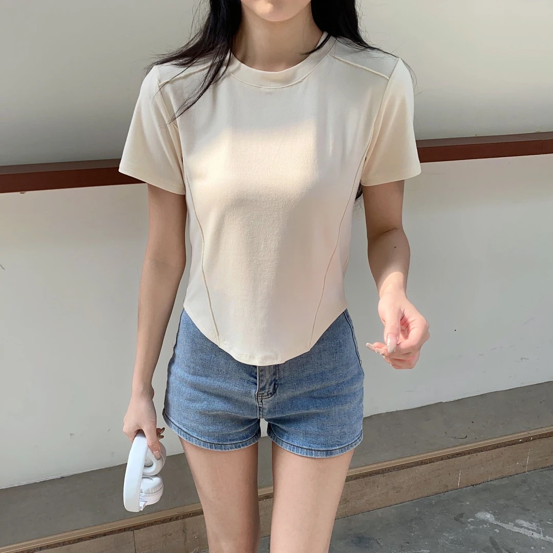 【T恤系列】咖啡牛奶螺纹纯色圆领小众鱼骨正肩小衫soinku