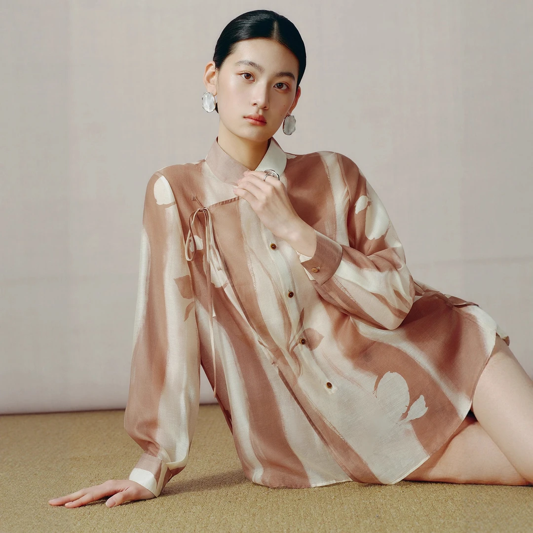 晕染新中式水墨改良天丝秋季衬衫上衣2025女装小衫汉麻桑蚕丝混纺