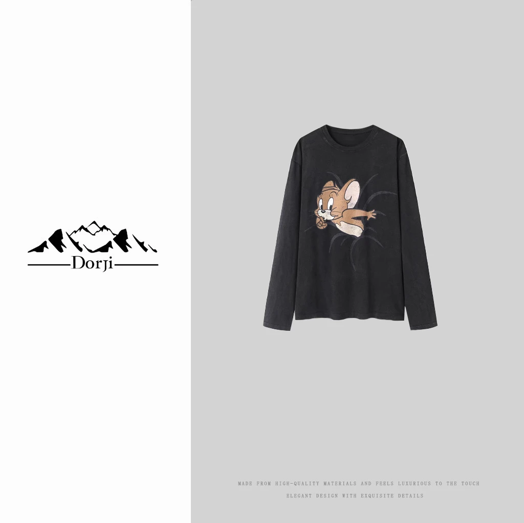 DORJ-女装-秋款字母印花猫和老鼠棉质斑驳印花长袖T恤DJ251TS234