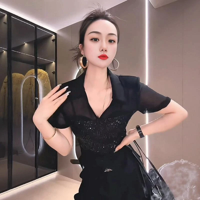哥弟阿玛施正品黑色半开领网纱短袖T恤女夏重工亮片时尚性感微透