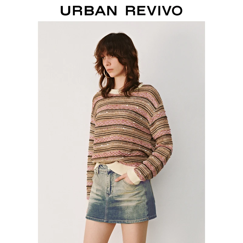 UR2025秋季新款女装多彩撞色镂空肌理感针织衫UYL950029