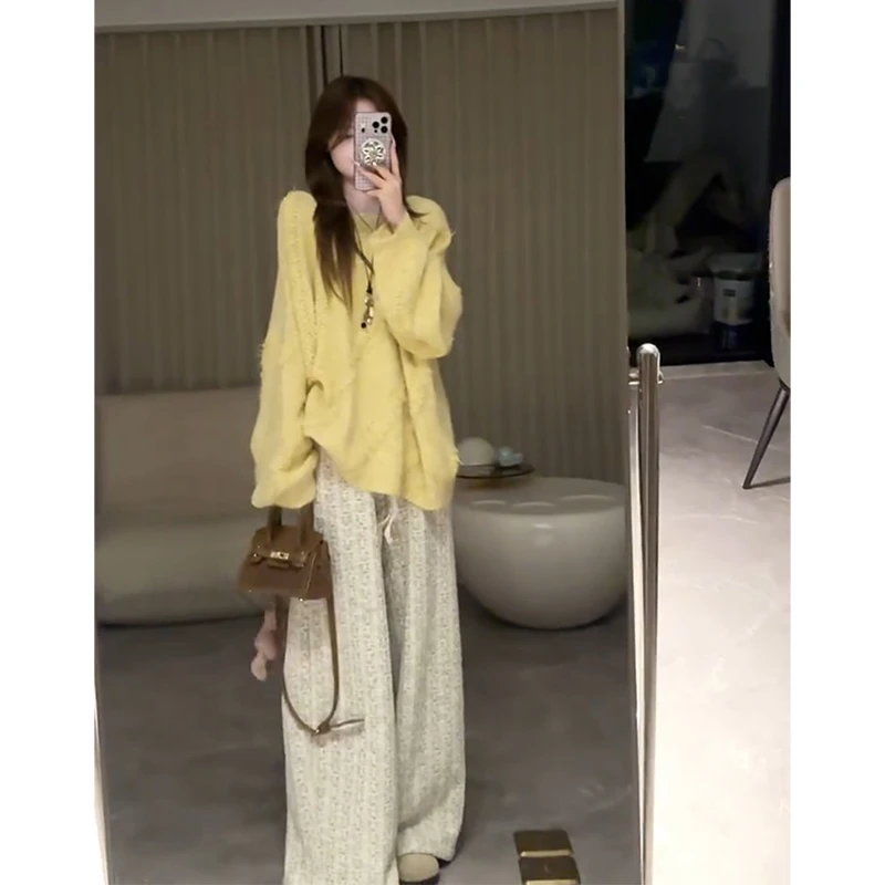 parkyeon休闲慵懒风套装女秋季新款设计感毛衣上衣宽松显瘦阔腿裤