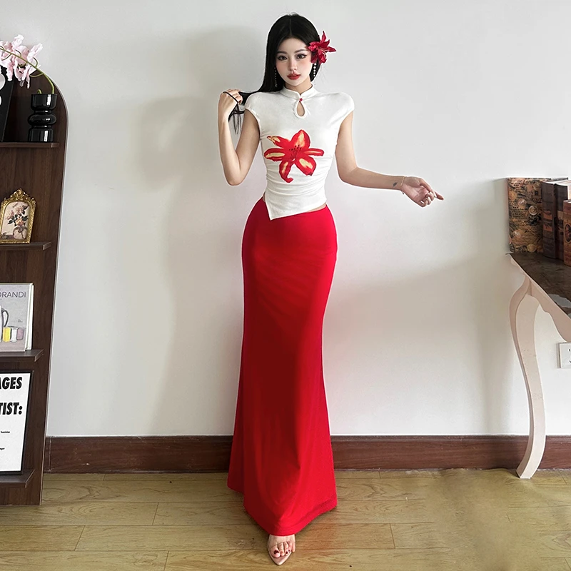 Malou 改良版中式盘扣复古百搭上衣 网纱半身裙套装女71981+71980