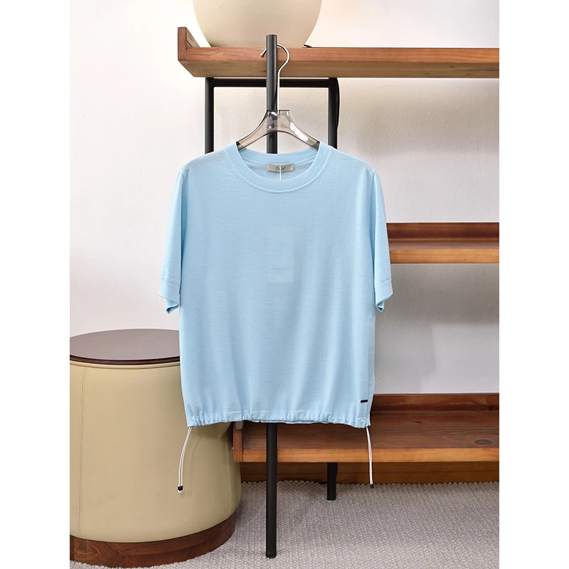 春季新品 精纺羊毛圆领T下摆抽绳宽松短袖针织衫