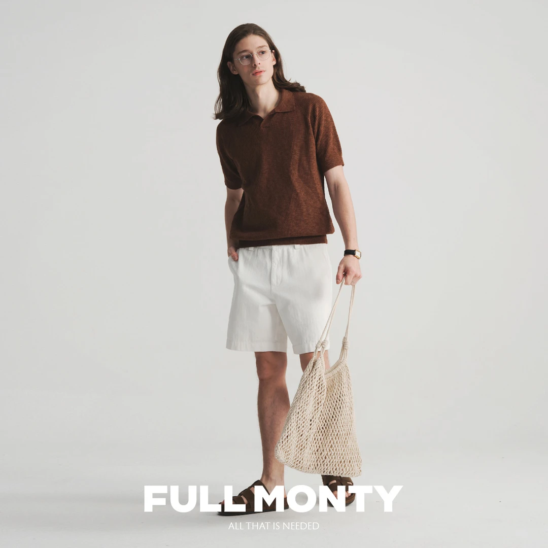 春夏男士咖啡色亚麻棉混纺挑孔针织POLO衫休闲短袖上衣