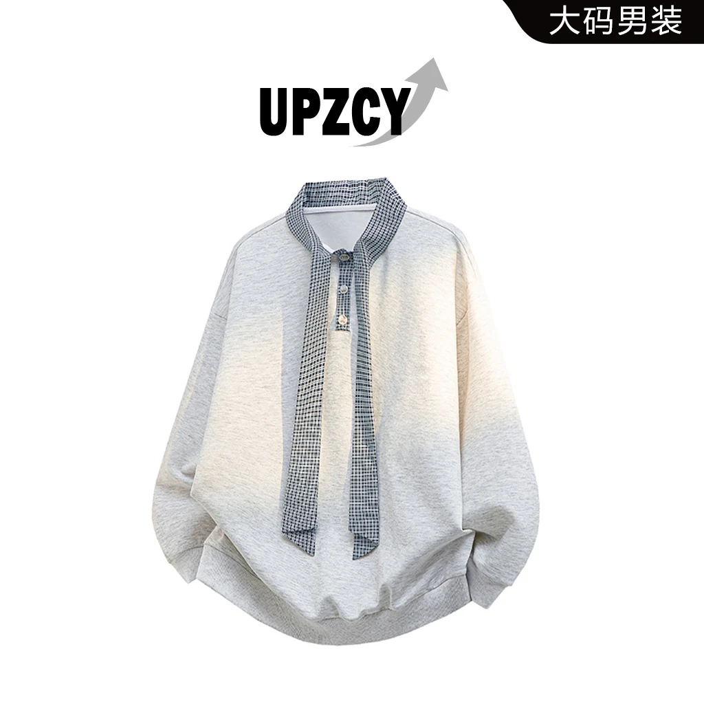 UPZCY春秋大码领带拼接卫衣男宽松休闲百搭格子上衣轻奢痞帅男装