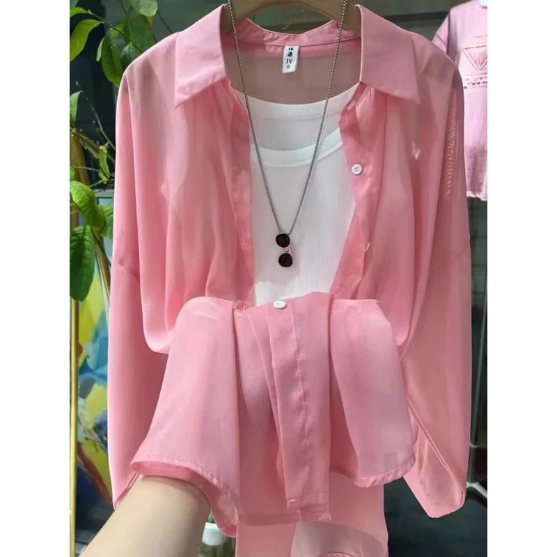 珠光纱女夏设计感小众薄款微透长袖外套衫别致休闲宽松衬衣