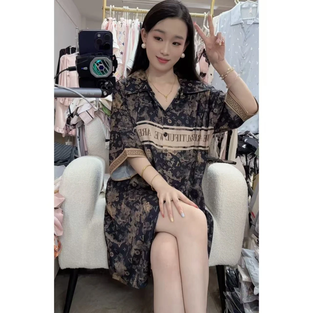 琦欣家黑金老花夏季成人优雅风性感睡裙宽松家居服复古时尚