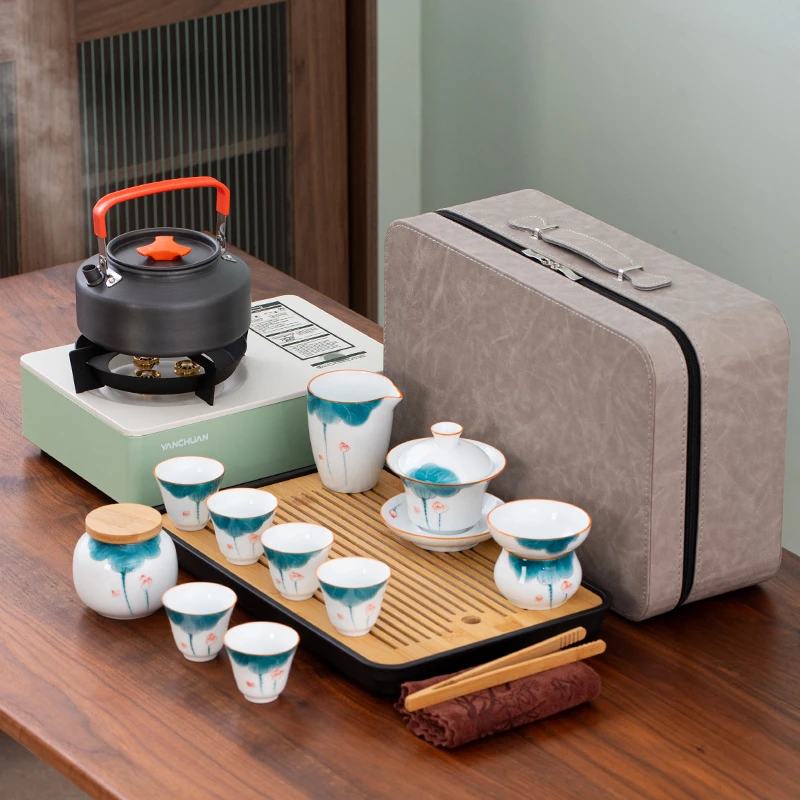 户外羊脂玉旅行功夫茶具套装便携卡式炉煮茶烧水野外露营喝茶装备