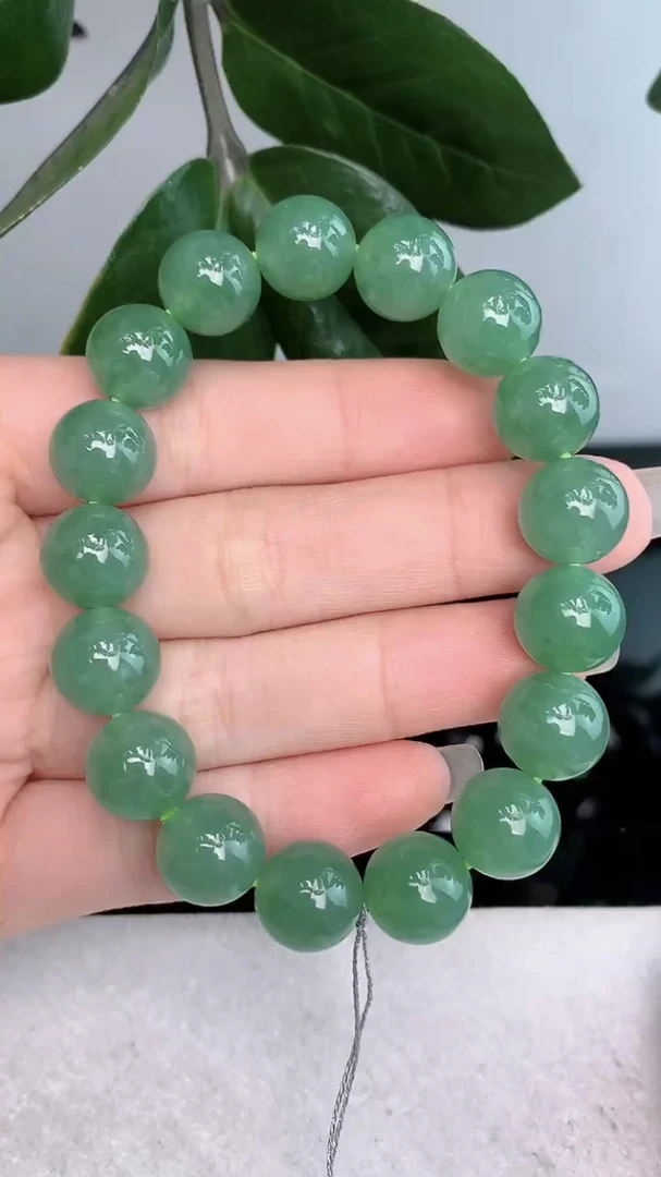 天然翡翠A货冰种满绿满色甜绿绿色圆珠手串手链卡11.5mm缅甸冰透