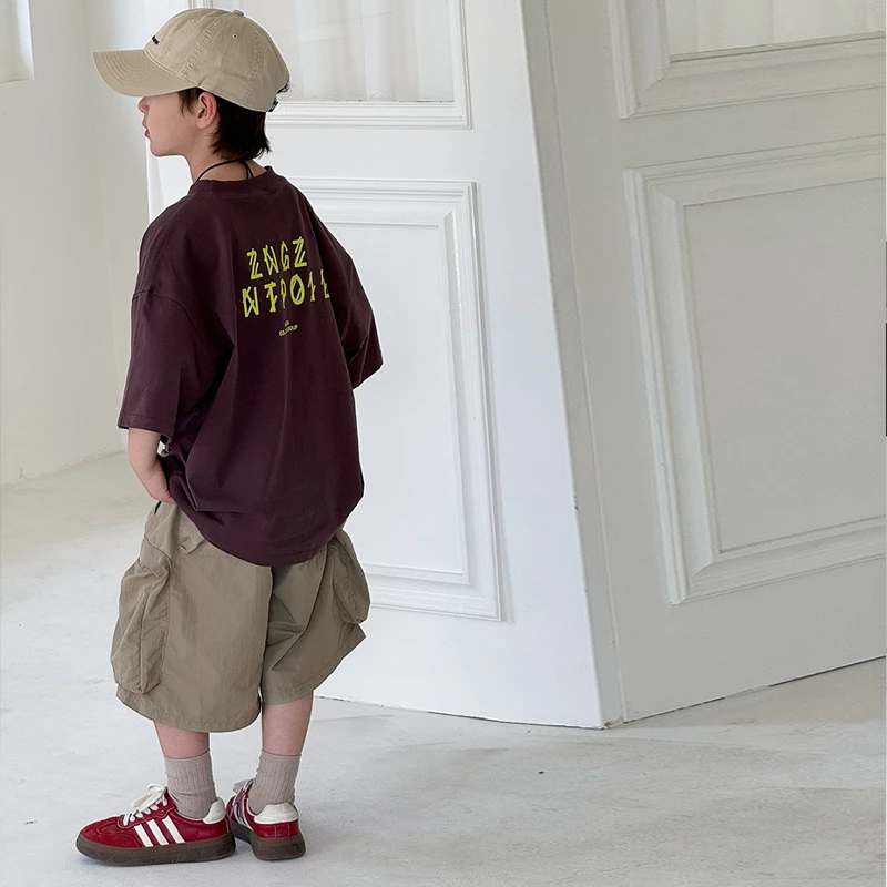 宇轩童8656夏季男童纯棉薄款褐红短袖T恤套装