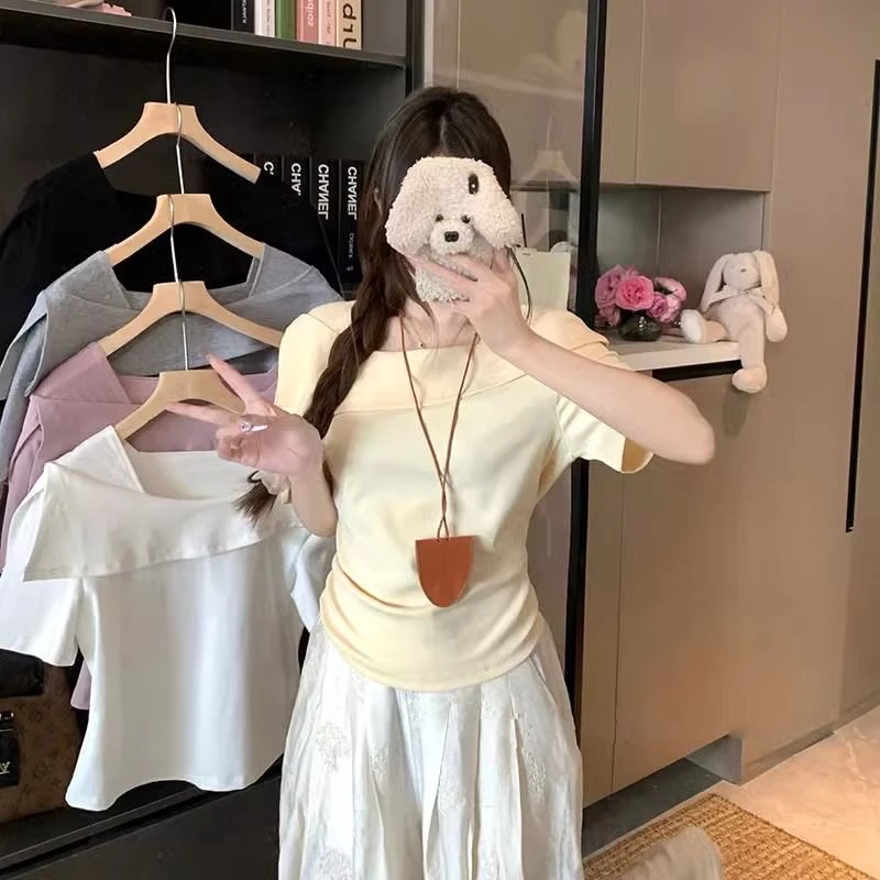 大码胖MM遮肉纯欲风法式不规则小众设计感短袖上衣T恤女