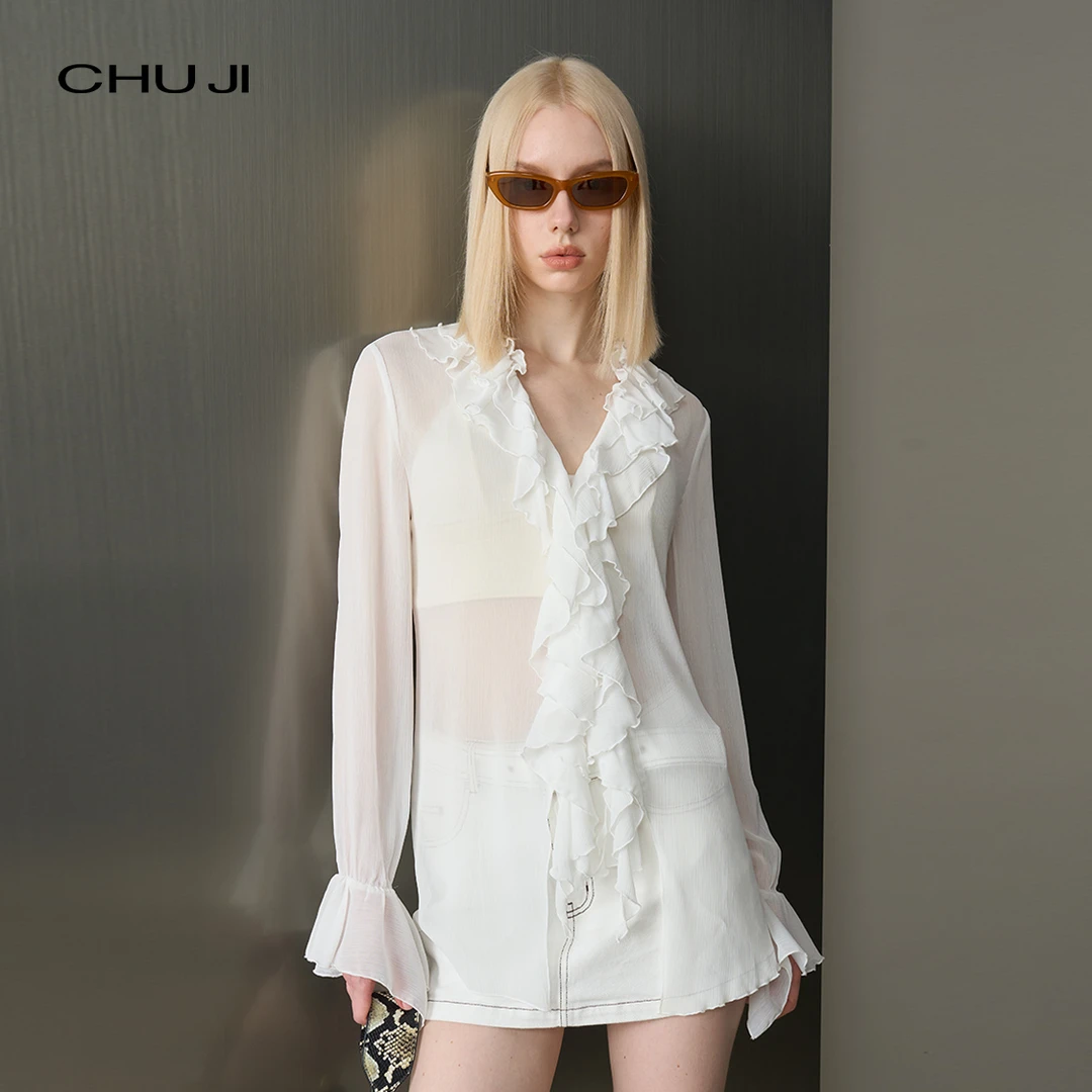 Chuji/出迹梦幻微透 时髦木耳边长袖薄款衬衣上衣女秋季-E2M2593D