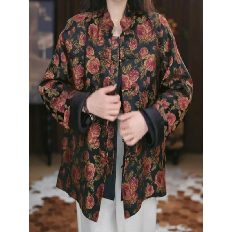 [箫月] 宋锦新中式手绘提花复古显瘦宽松国风中长款上衣