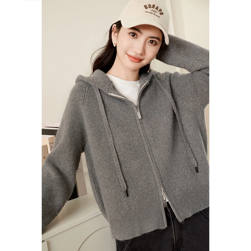 伊芙丽休闲气质连帽针织开衫女25秋季新派简约百搭外套1FA935291