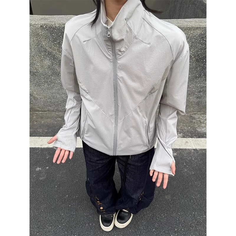 灰色网眼原纱立领防晒衣男夏季美式运动跑步轻量薄款透气防晒外套