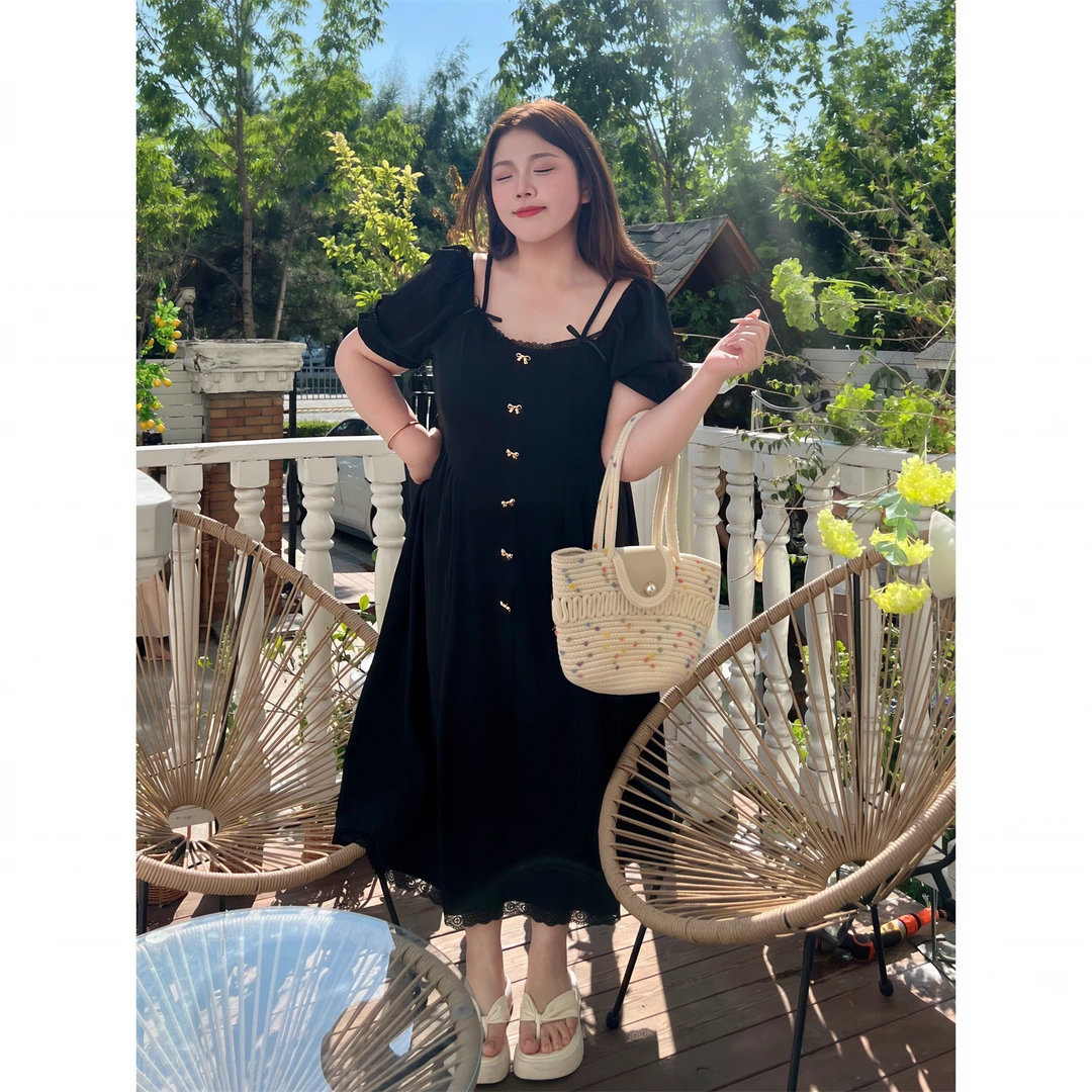 巷末晨光 / 显瘦韩系小黑裙掐腰连衣裙15364花契大码200斤胖mm