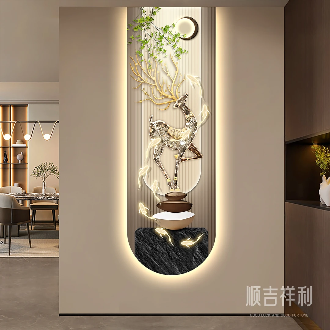 福禄玄关装饰画轻奢led带灯入户正对门挂画高端大气走廊过道壁画