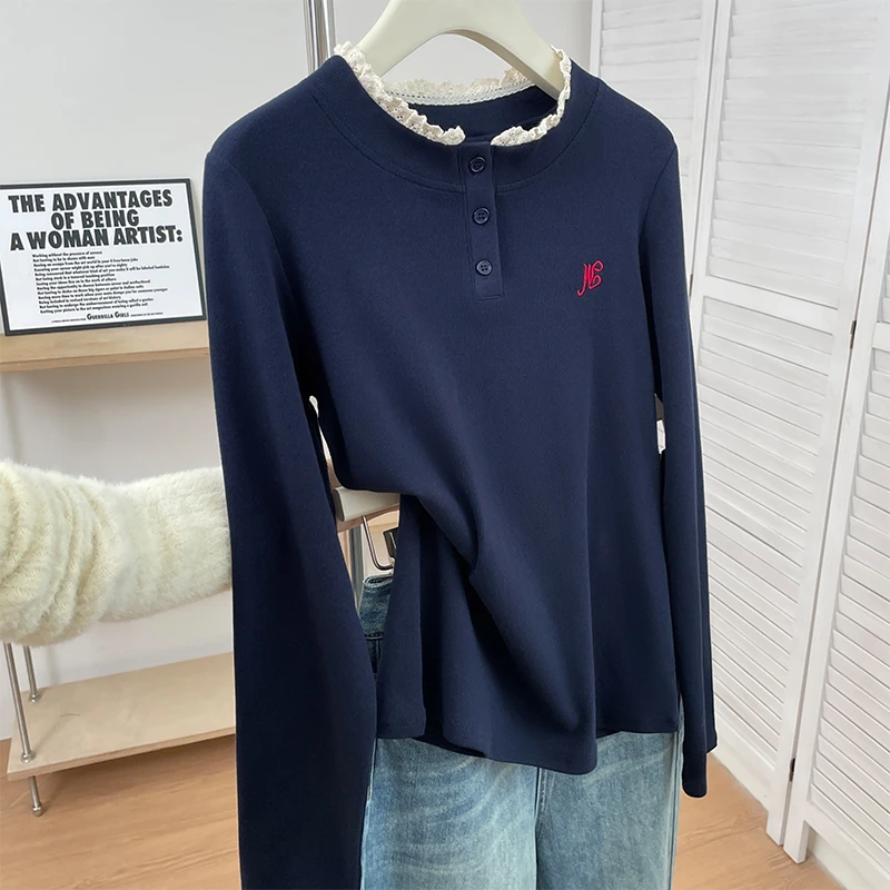 花边蕾丝圆领长袖T恤女温柔气质内搭打底衫重工刺绣可外穿上衣秋