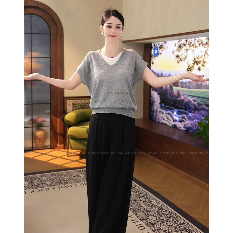 2025夏季新款【7719】假两件灰色v领镂空莱赛尔天丝短袖针织上衣女
