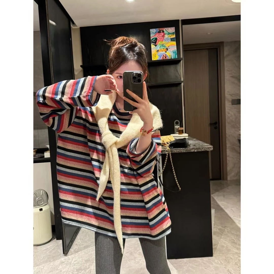 RUIRUI瑞25ss早秋新款圆领时尚百搭通勤风条纹上衣SY1214R