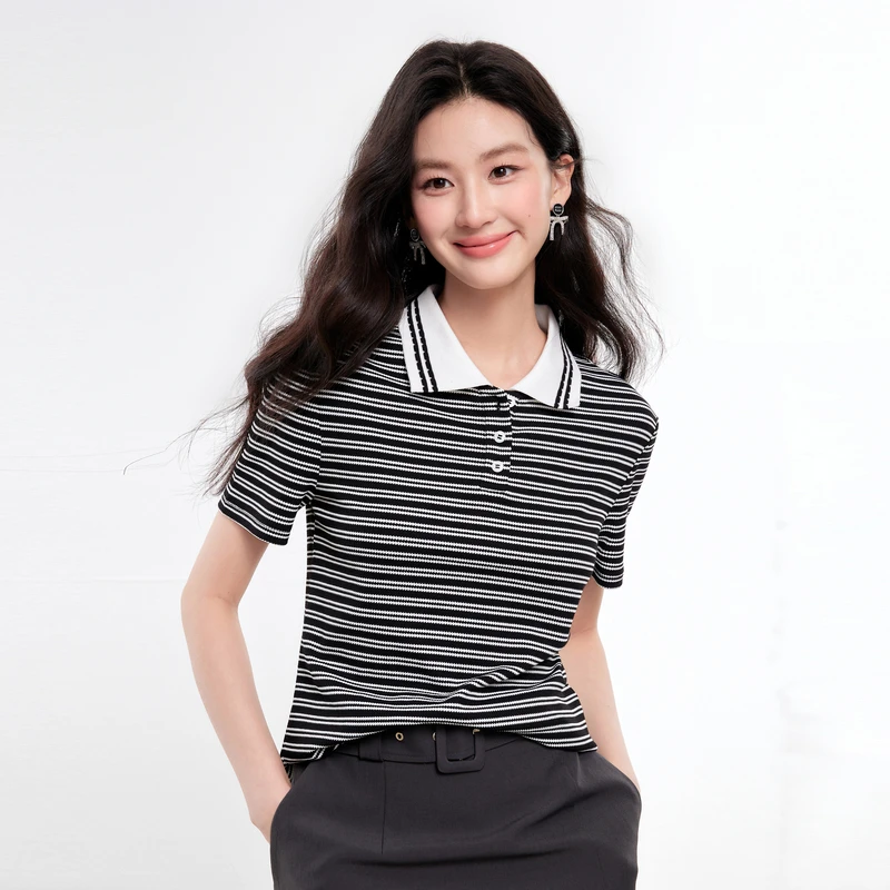 简约撞色针织翻领上衣2025年夏季新款女经典条纹修身显瘦短袖T恤