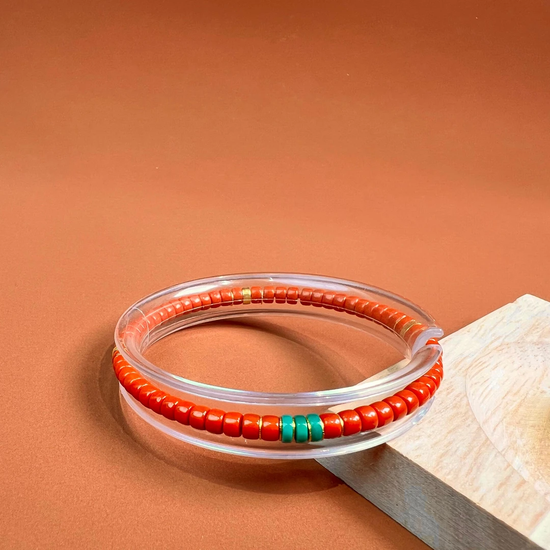 18K金南红药片绿松手串 珠径3.9mm 手围15cm  K金约0.6g