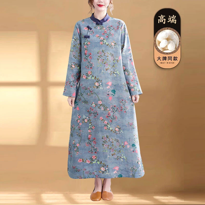 2025秋季时尚款复古文艺立领拼接盘扣旗袍宽松改良洋气亚麻连衣裙