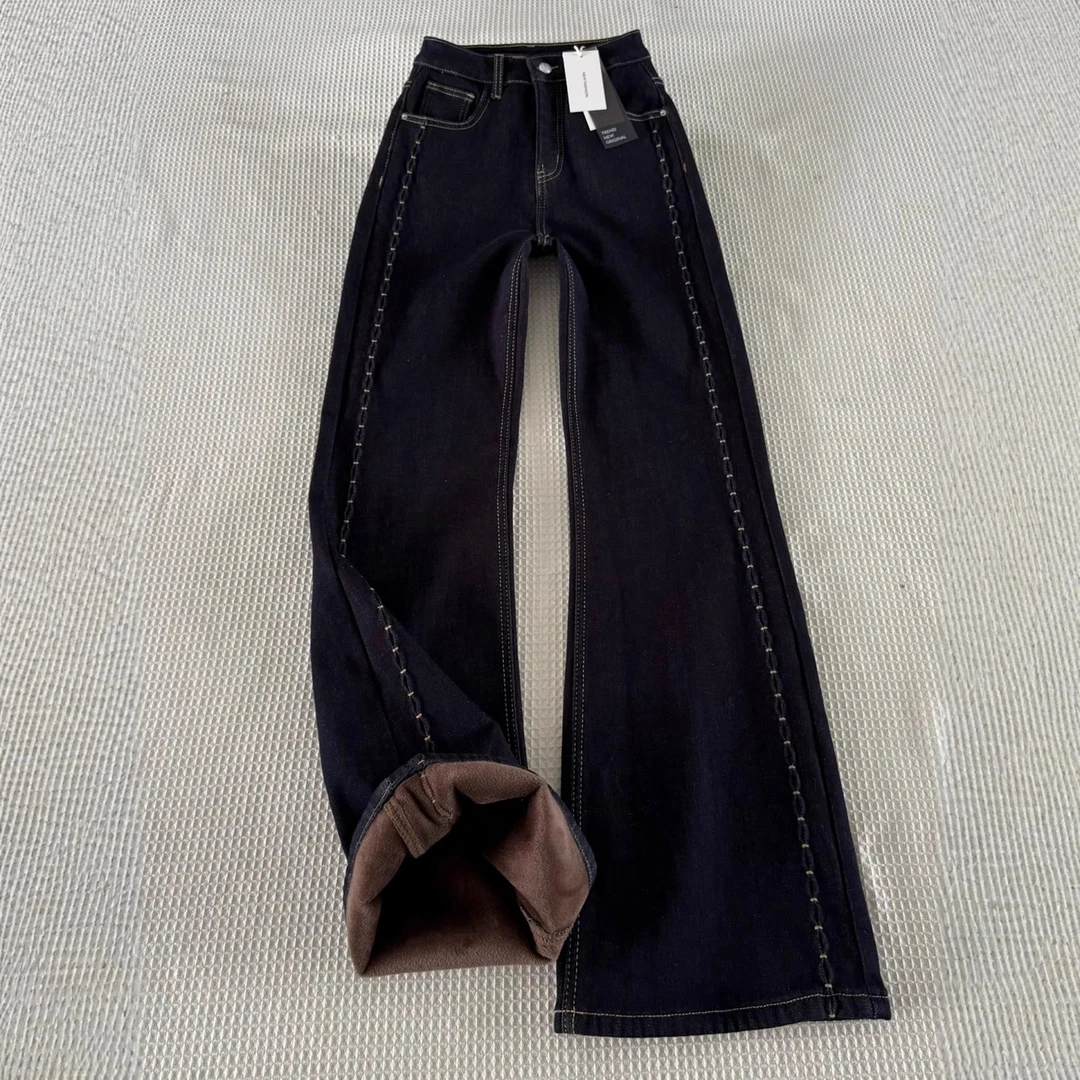 秋冬丹宁深蓝加绒微喇牛仔裤女2025新款高腰显瘦弹力不贴腿喇叭裤