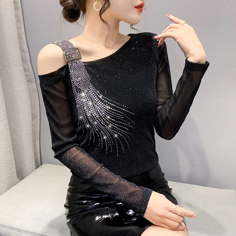 2025春季新款修身显瘦设计感露肩烫钻时尚网纱银线长袖小衫 女t恤