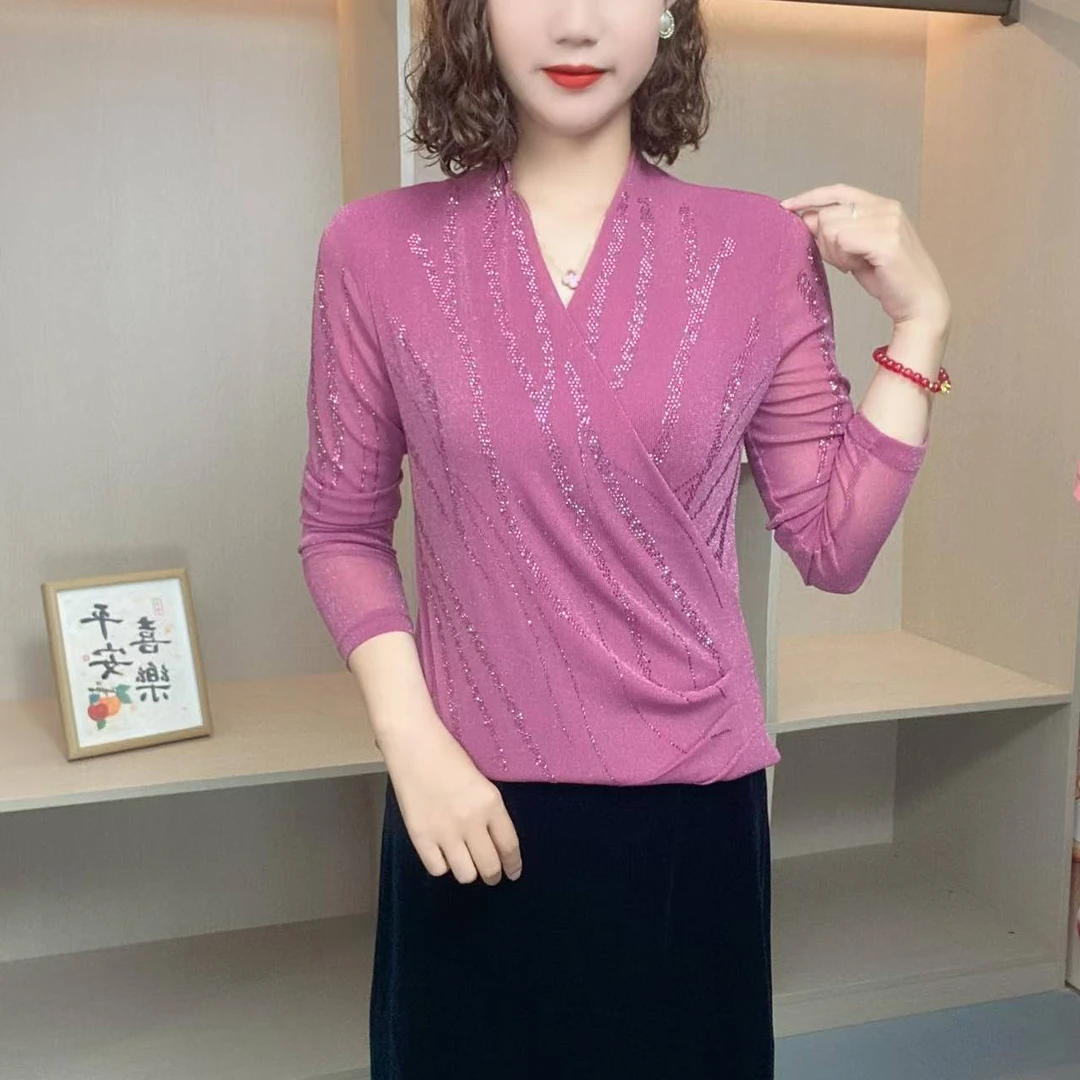 2025气质时尚显瘦百搭透气亲肤烫钻交叉款女士小衫上衣168