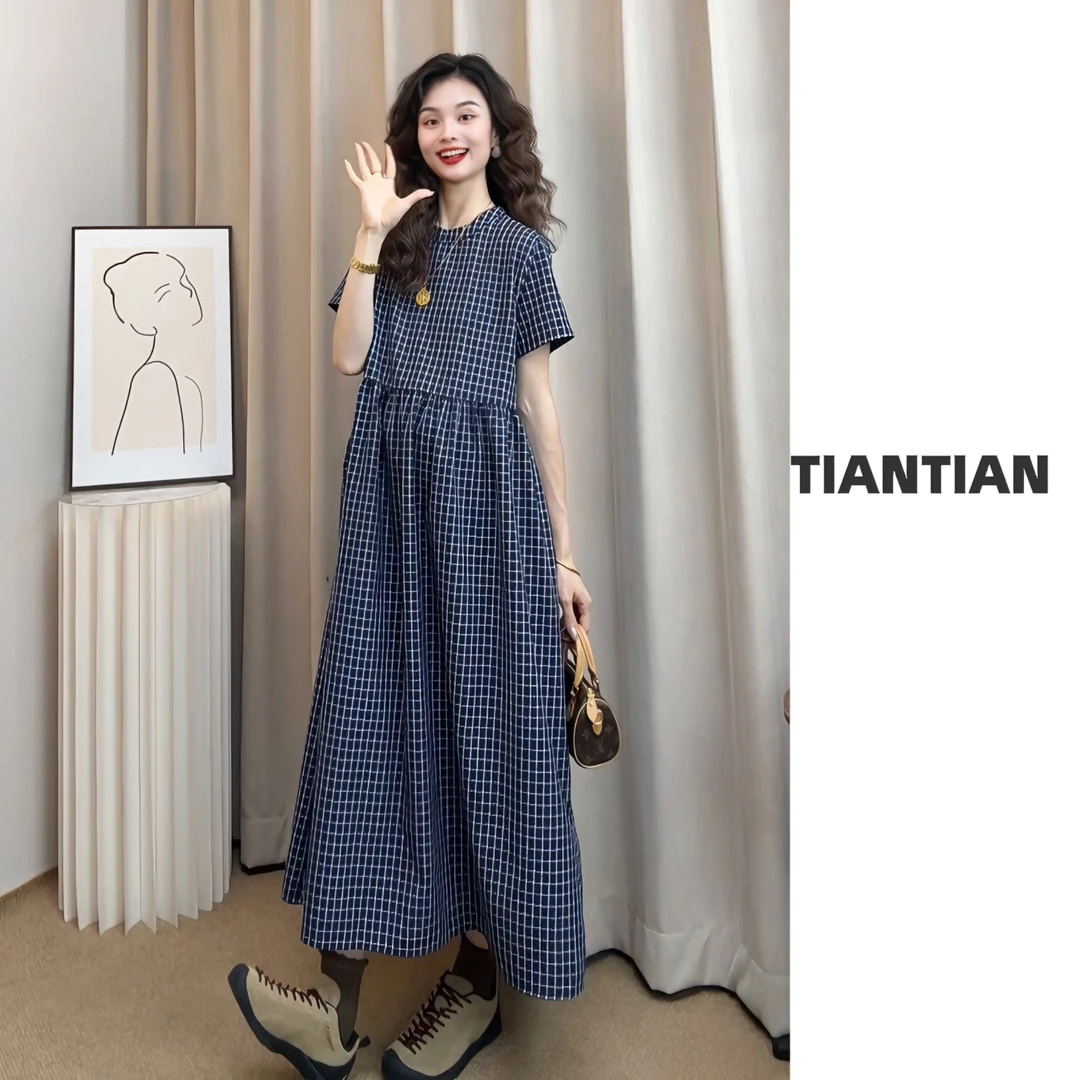 【恬恬】2025夏季【蓝汀时序】日系经典藏青格减龄连衣裙#5301