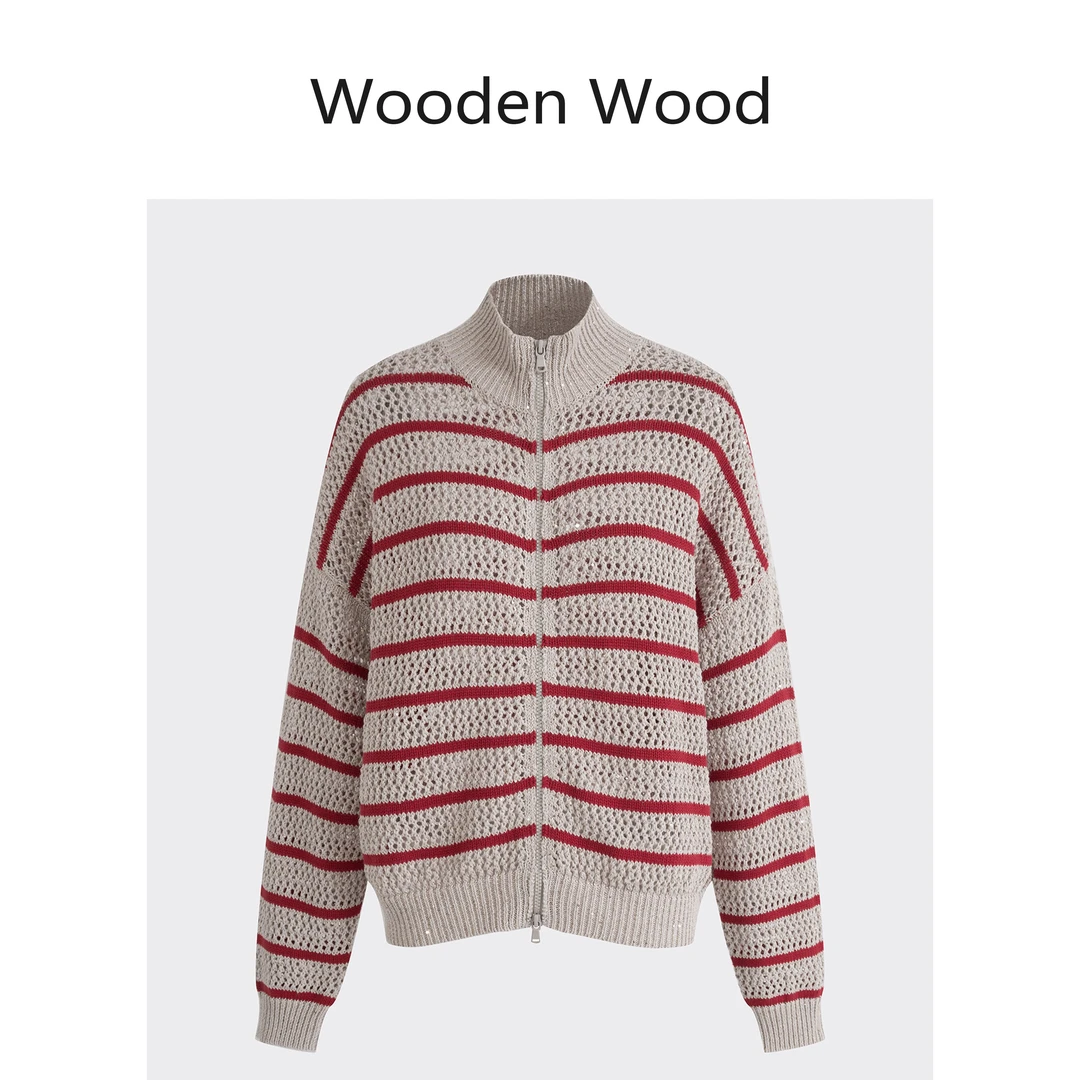 Wooden Wood“平行线”高端气质撞色条纹双头拉链毛衣外套P25040