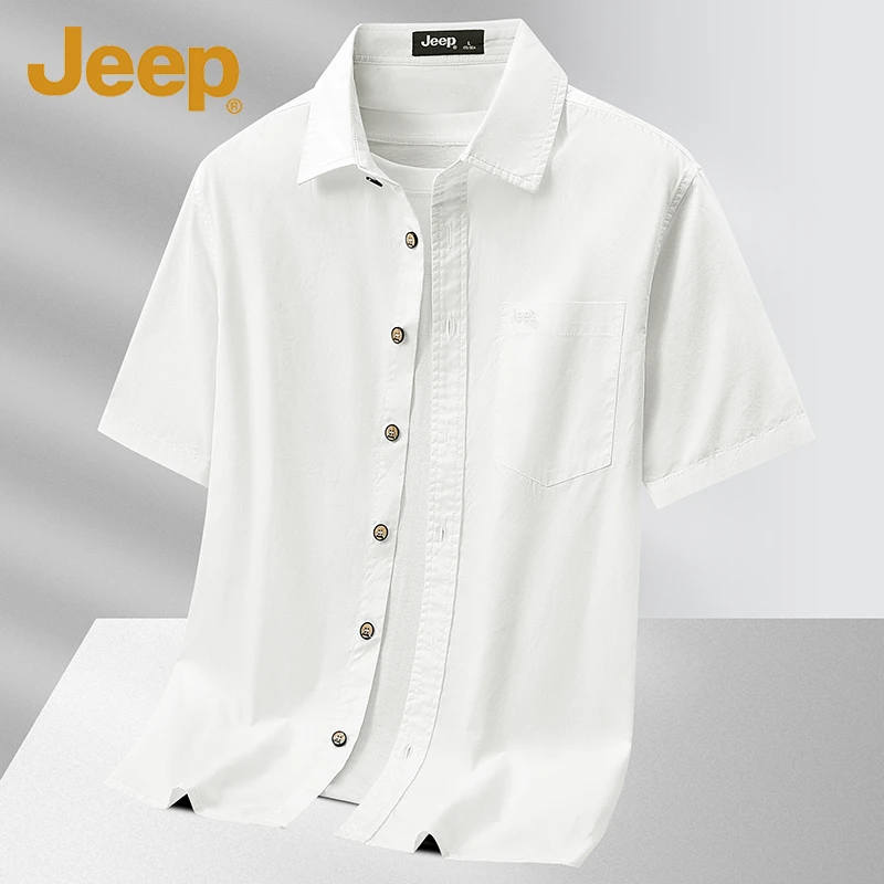 Jeep吉普正品纯色短袖衬衫男夏季2025新款休闲百搭工装纯棉衬衣