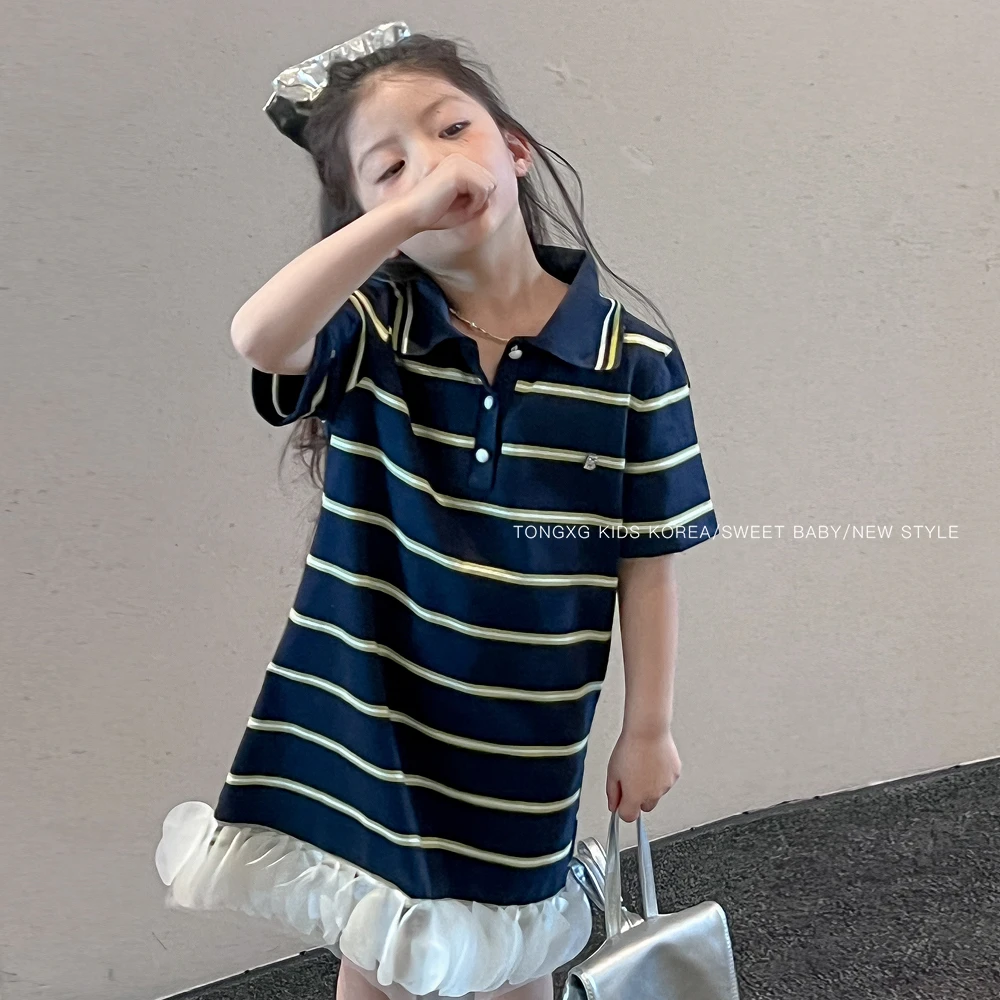 撞色条纹polo领衬衫裙女童中大童立体花瓣拼接设计感连衣裙ys207