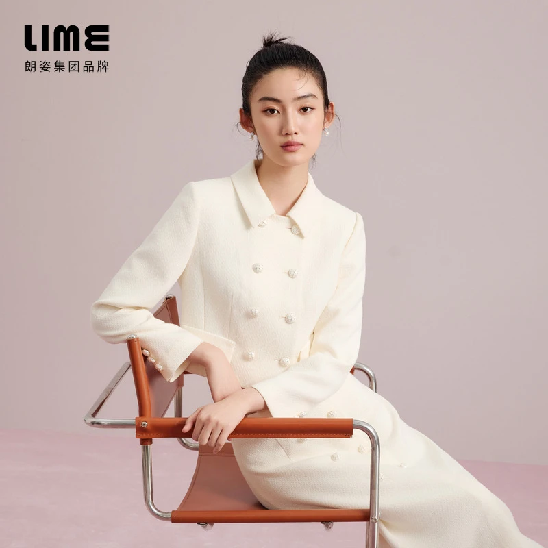 LIME/莱茵【柔韧法则】秋季双排扣韩系千金上衣米白色LDGC7BWCJ305