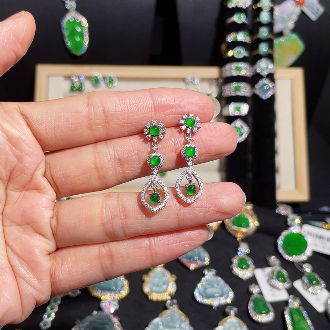 翡翠耳饰银S925镶嵌蛋面