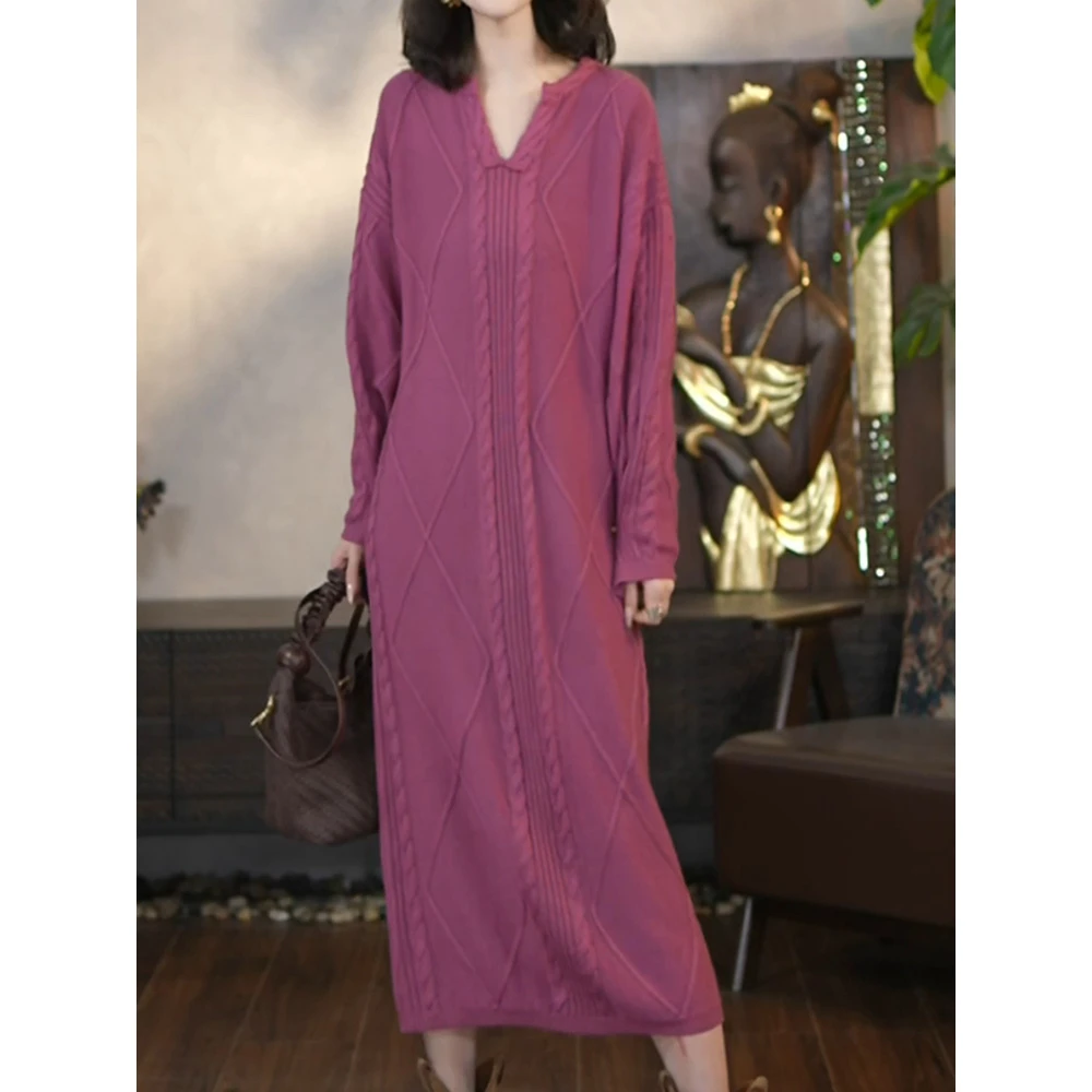 女神范减龄纯色v领肌理感针织连衣裙2025秋新高级感时尚宽松长裙