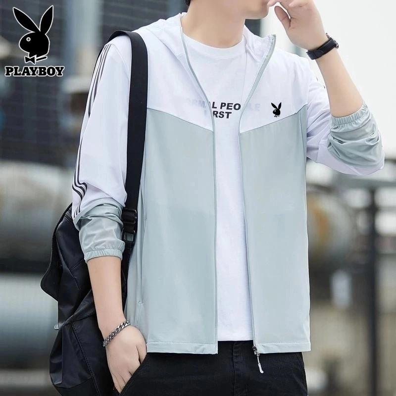 花花公子冰丝高弹防晒衣男士夏季潮流大码拼色条纹钓鱼服外套男款