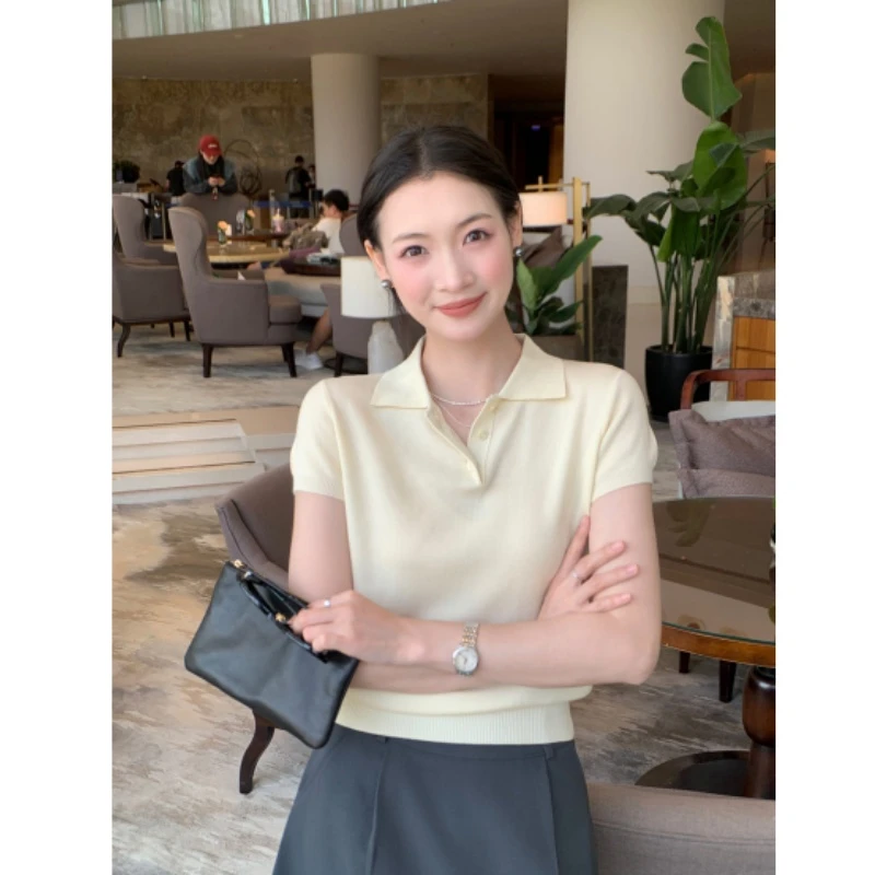 法式高级感白色polo领正肩短袖冰丝针织衫女夏季薄款翻领t恤上衣