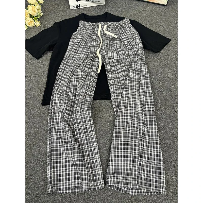 cleanfit黑白格子裤男夏季薄款松弛感慵懒直筒裤子宽松微喇阔腿裤