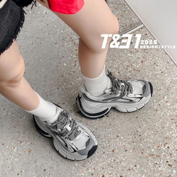 T31女鞋2025春夏季新款真皮透网厚底增高7cm老爹鞋百搭舒适运动鞋